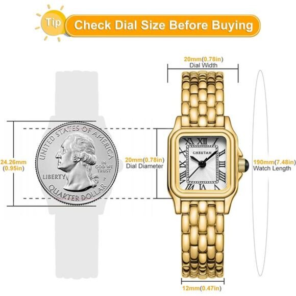 CHEETAH Gold Watches for Women with Small Vintage Bracelet, Rectangular Case - Picture 3 of 7